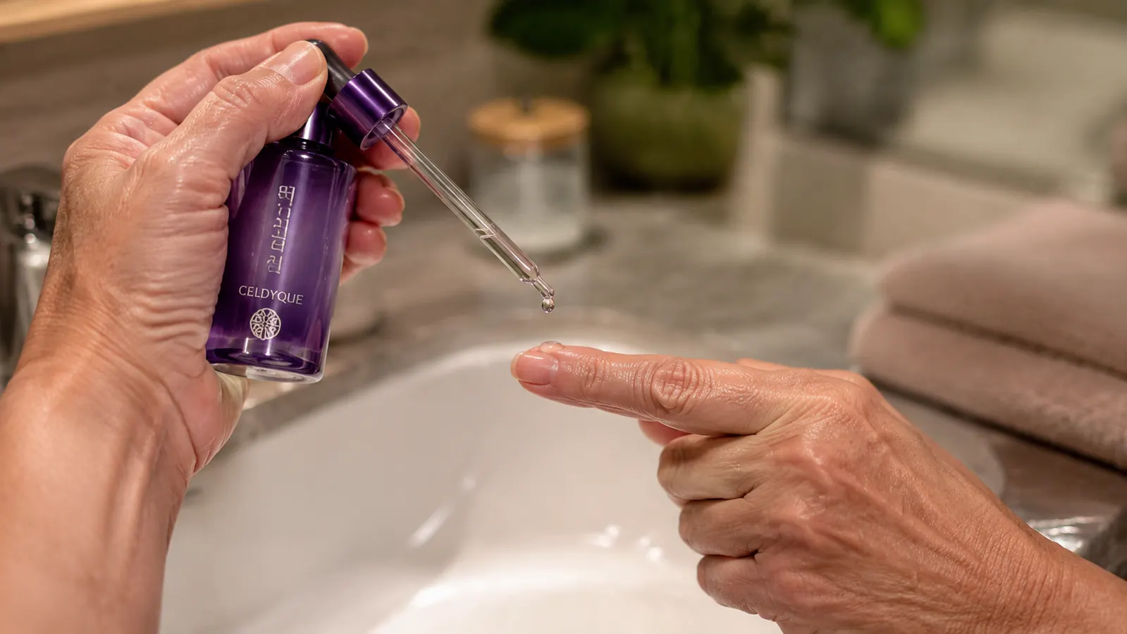 A hand pressing a single drop of bakuchiol serum onto fingertips before smoothing it under the eyes and along the cheeks