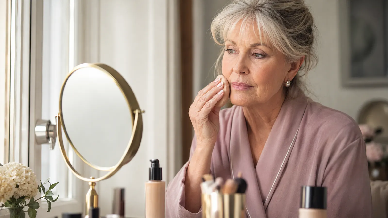 Woman applying foundation smoothly at her vanity table