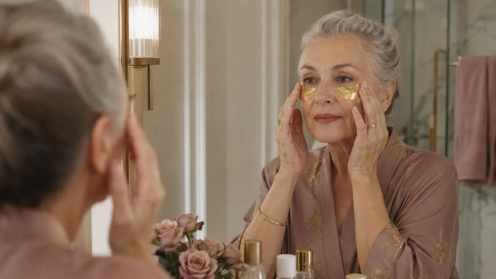 Woman applying gold eye patches at her bathroom mirror before heading out for the day