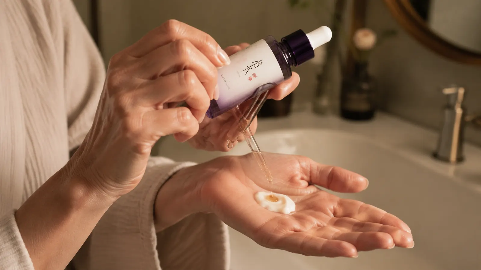 A hand mixing a drop of bakuchiol serum concentrate into a dollop of moisturizer on the back of the other hand before applying