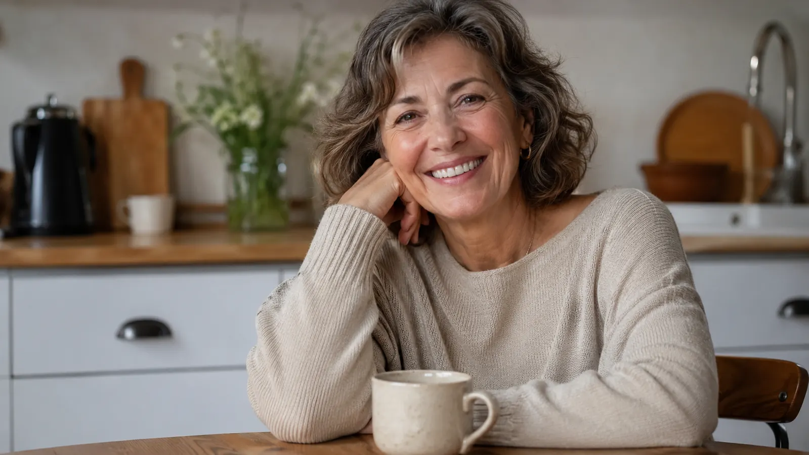 Woman in her early sixties smiling by a kitchen window in natural daylight, skin looking calm and even, no makeup