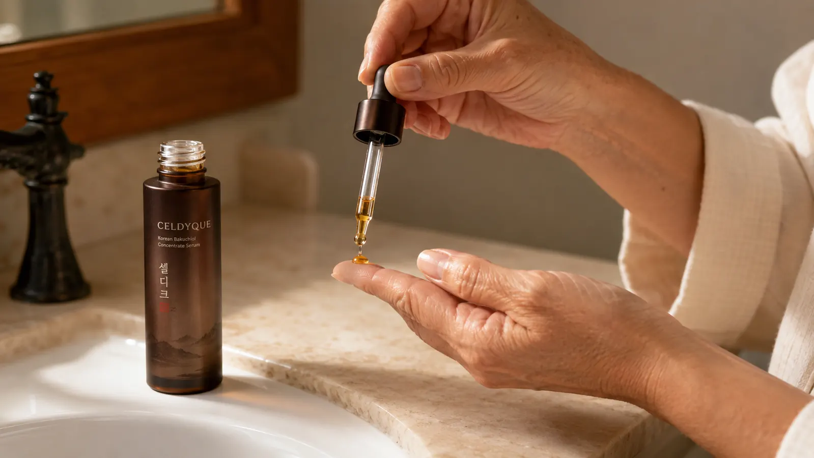 A woman's hand pressing a single drop of bakuchiol serum onto her fingertip before applying it to her cheek