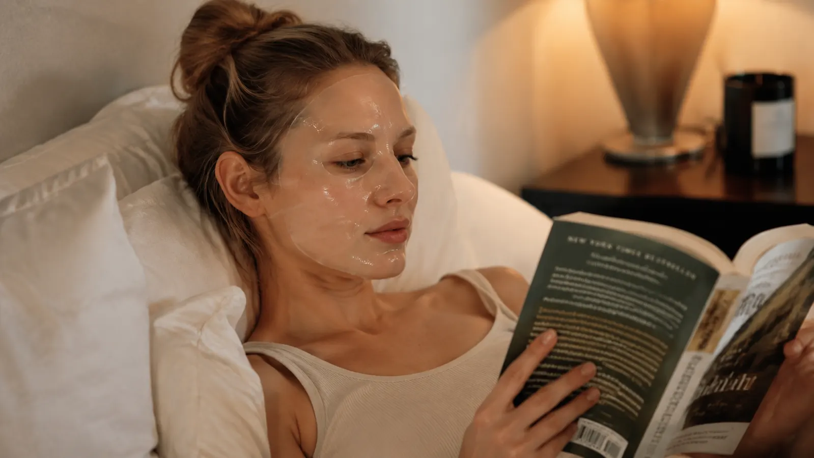 Woman with a hydrogel sheet mask applied to her face, sitting up in bed reading