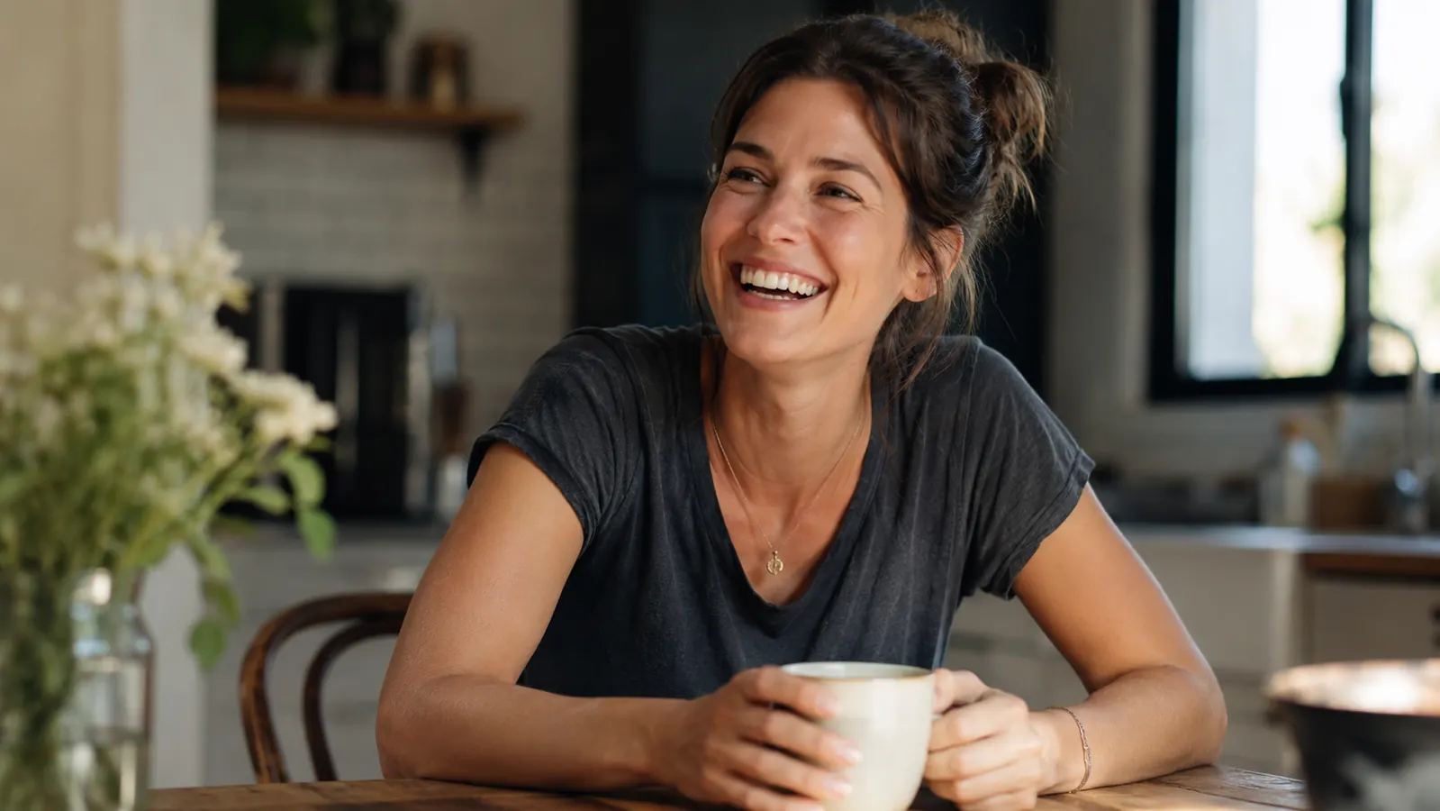 Woman in her sixties laughing at her kitchen table in the morning, skin looking calm and slightly dewy, no makeup, coffee mug in hand