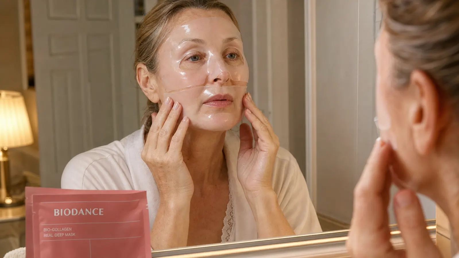 Woman's hands smoothing a translucent hydrogel mask onto her cheeks and jawline in front of a bathroom mirror