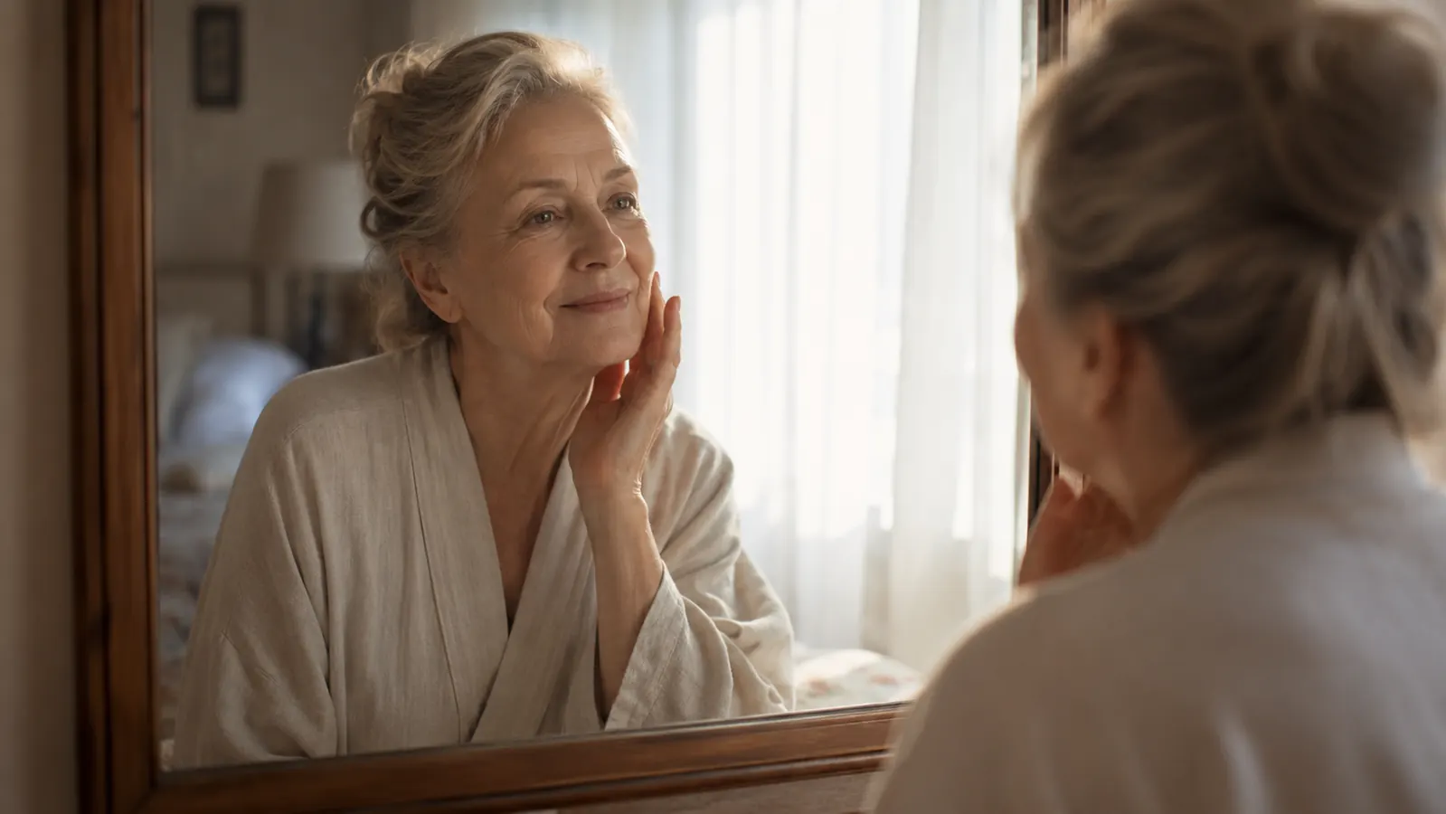 Woman waking up and checking her glowing, hydrated skin in a bedroom mirror in the morning