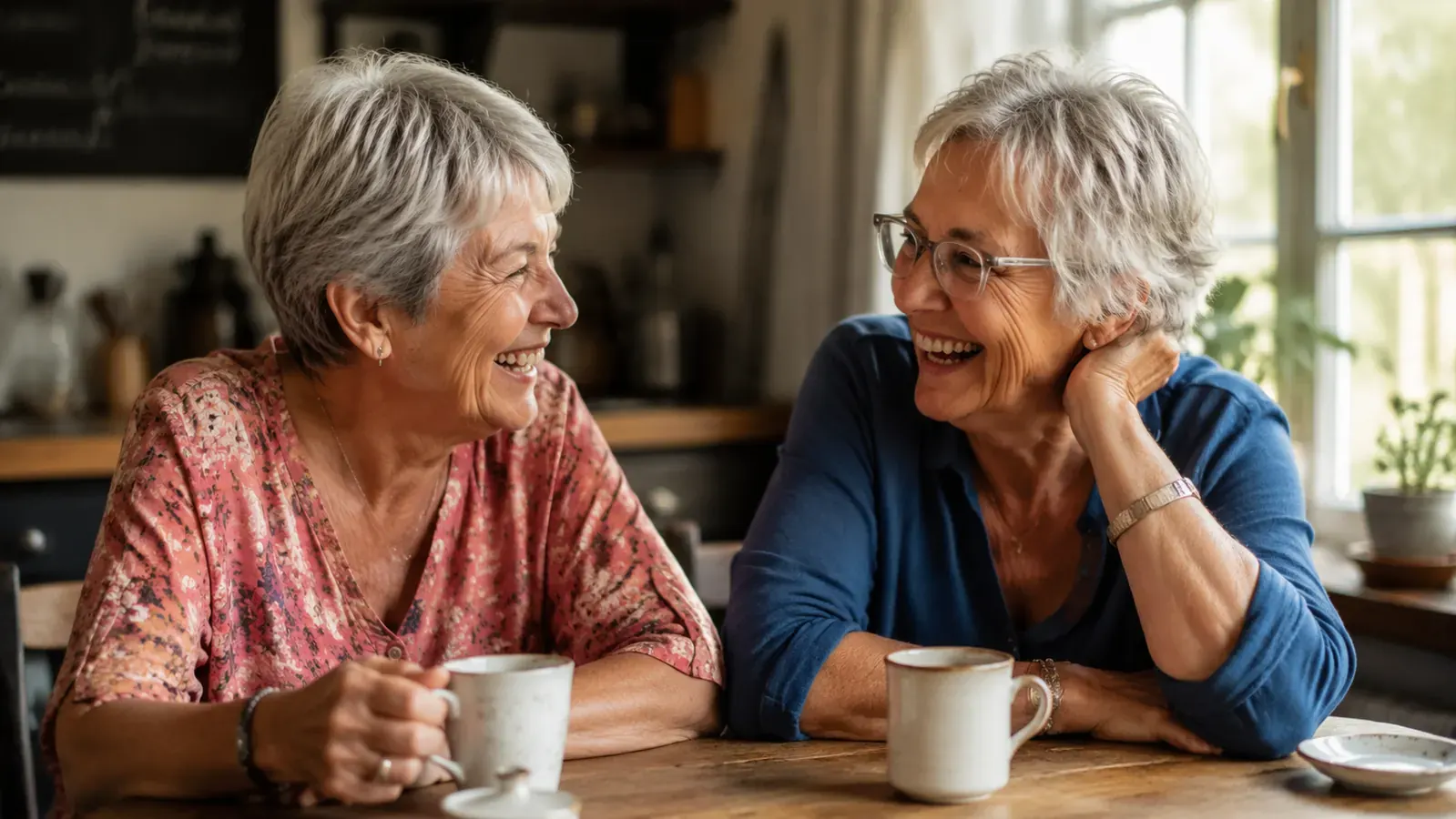 Woman in her sixties laughing with a friend at a kitchen table, coffee cups between them, natural daylight