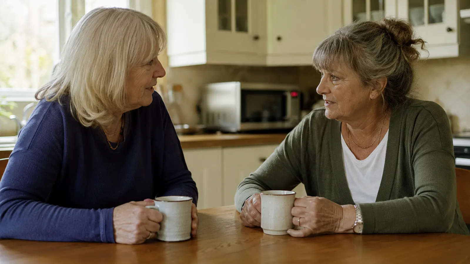 Two women in their sixties sitting at a kitchen table with coffee, one showing her phone to the other, morning light