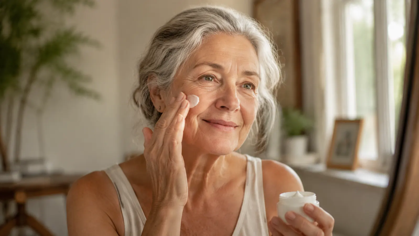 Woman in her 60s smiling and applying moisturizer to her bare, smooth face after dermaplaning, natural daylight