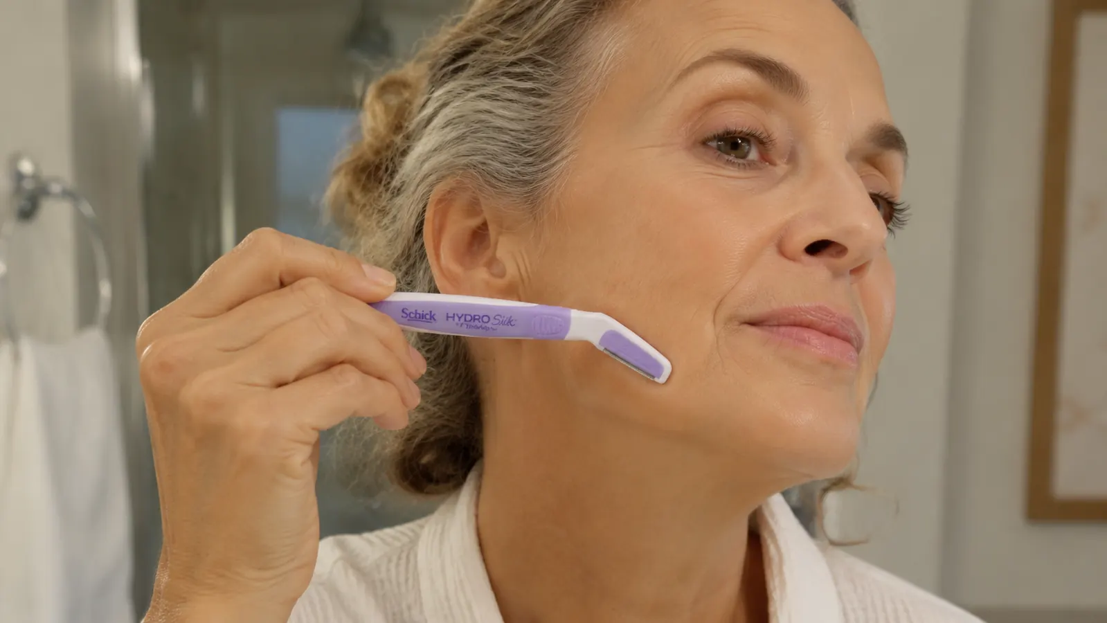 Close-up of a hand gliding the Schick Hydro Silk dermaplaning tool along a jawline at a 45-degree angle