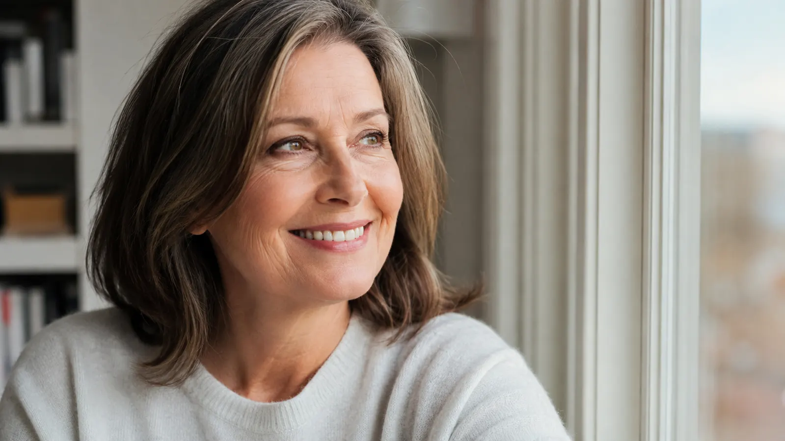 Woman in her sixties smiling by a sunlit window, under-eye area looking smooth and awake, no makeup