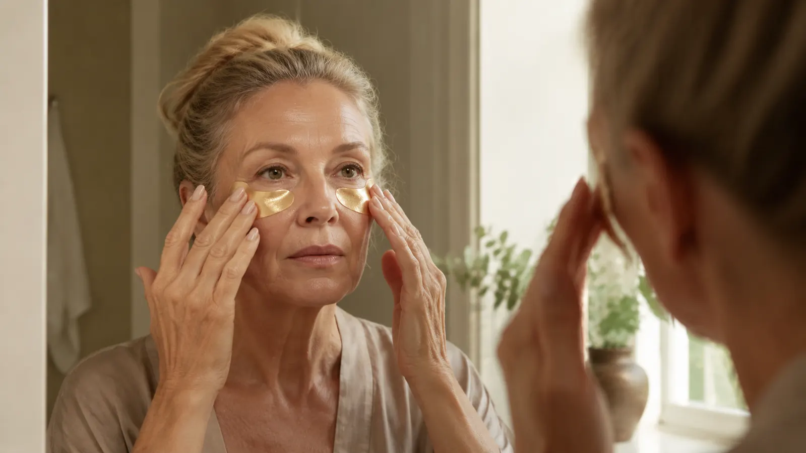 Close-up of gold gel under-eye patches being applied by hand in front of a bathroom mirror