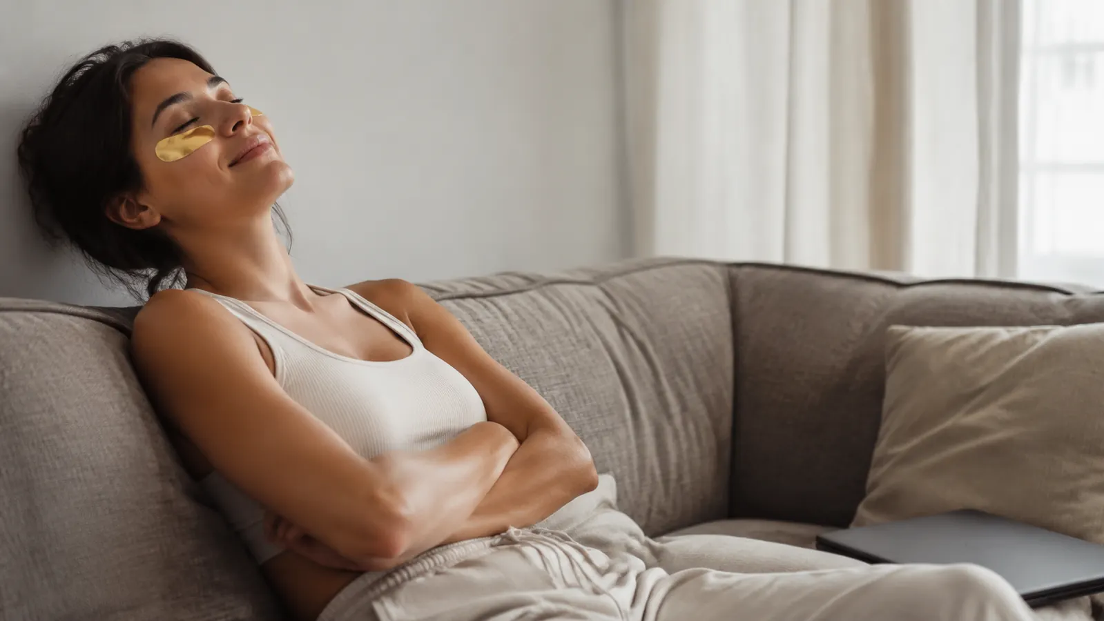 Woman resting on a couch with gold eye patches on, phone showing a video call reminder nearby