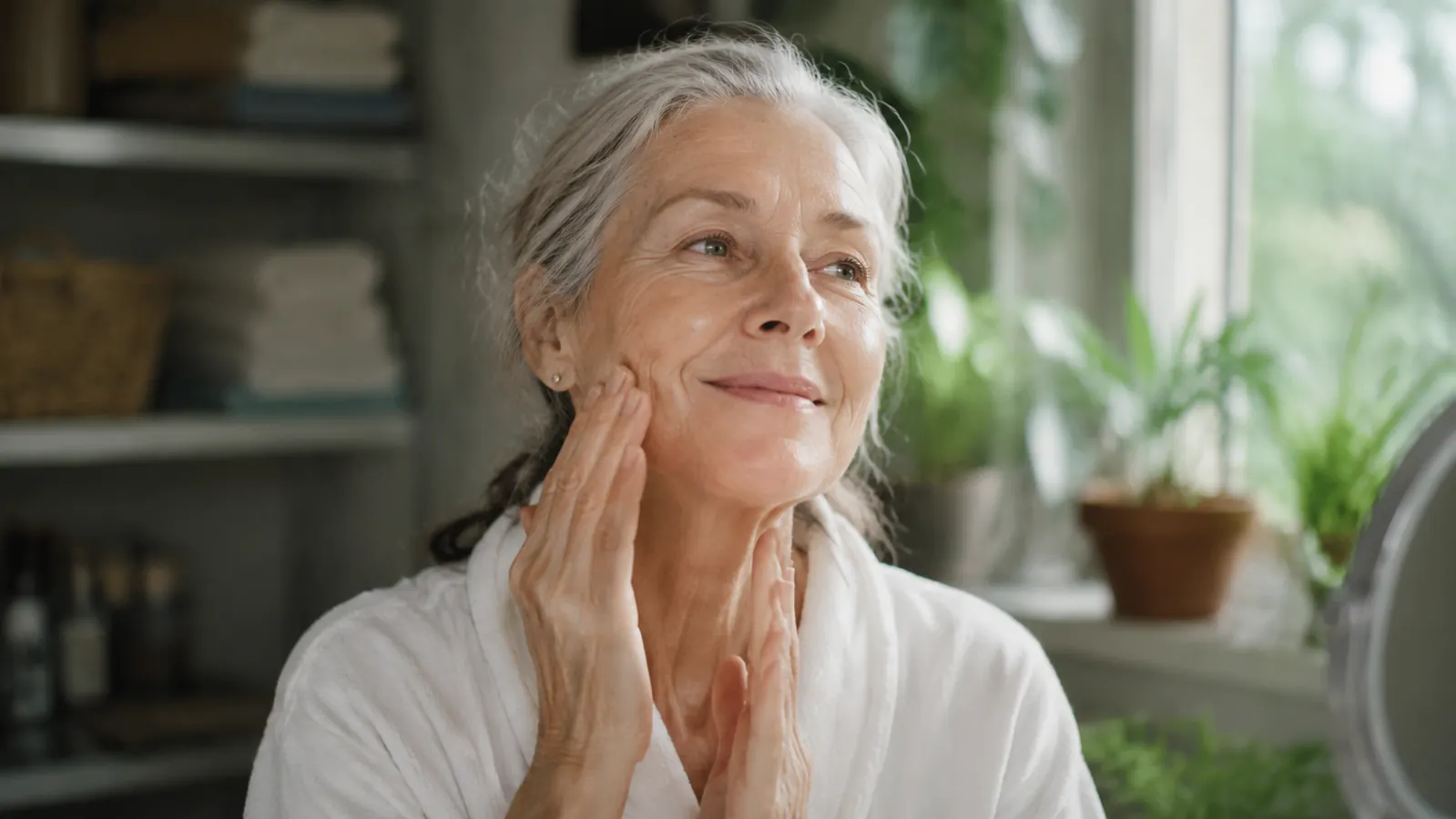 Woman in her 60s smiling while applying moisturizer to smooth, bare skin in natural daylight