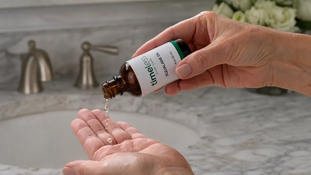 Hand holding a dropper of facial oil above a palm, bottle of squalane oil visible on the counter