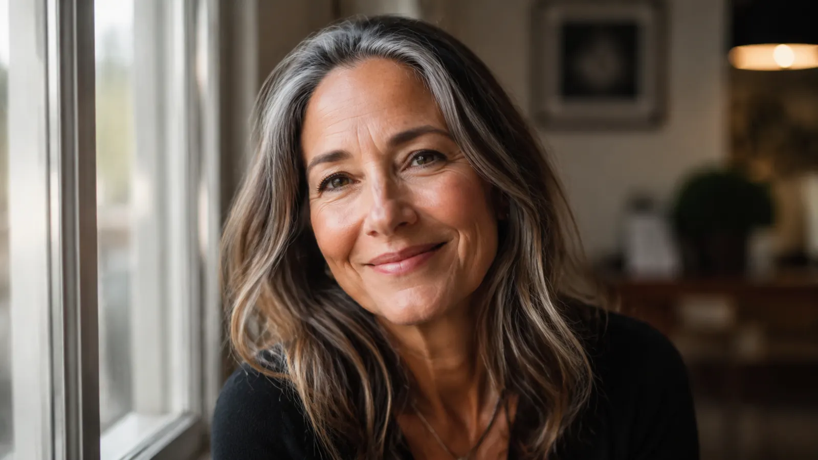 Woman in her 50s smiling by a sunlit window with smooth, dewy skin and no visible flaking