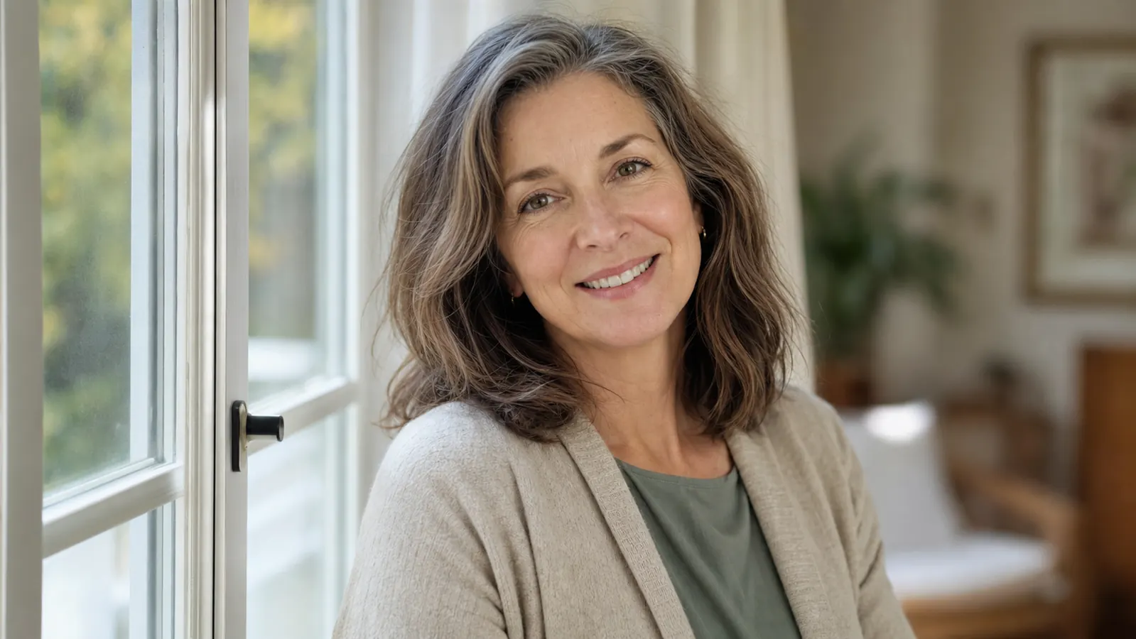 Woman in her 50s smiling in natural daylight with smooth, luminous, even-toned skin