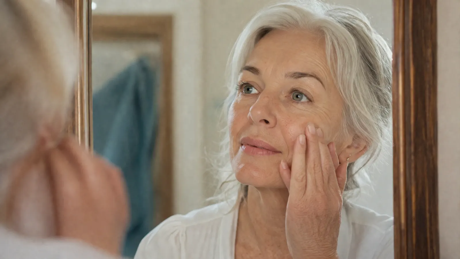 Woman applying foundation with her fingertips, skin looking smooth in natural light
