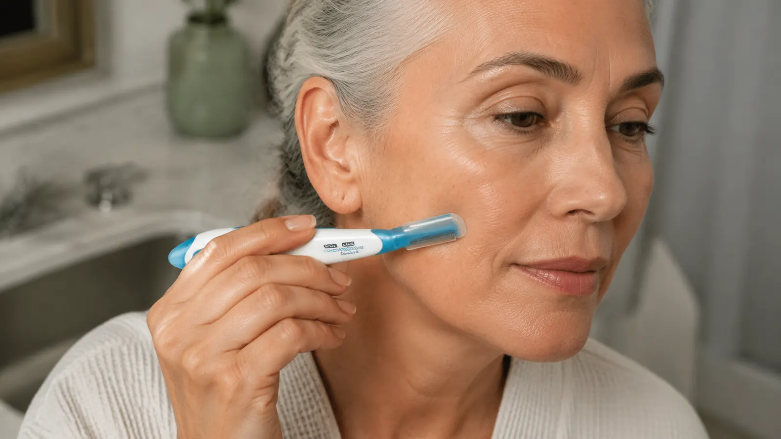 Hand holding the Schick Hydro Silk dermaplaning tool with the protective precision cover clearly visible against skin