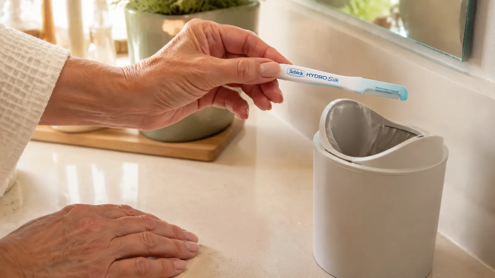Woman's hand wiping down a bathroom counter and setting a used dermaplaning tool aside next to a small trash bin