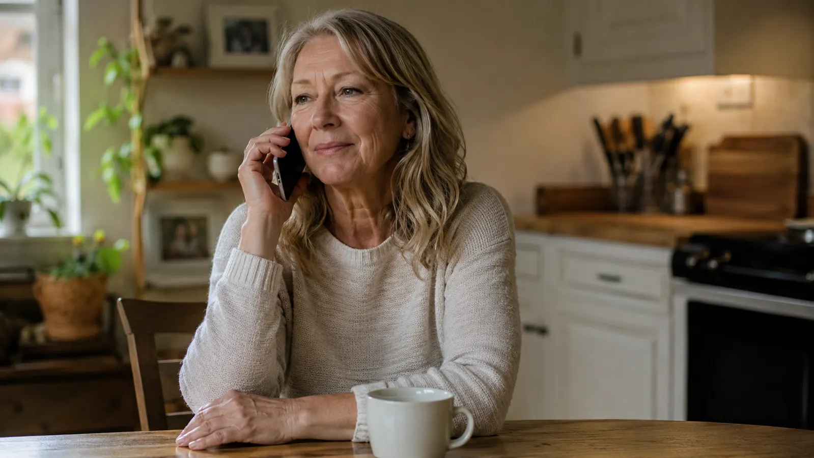 Older woman on the phone at her kitchen table, relaxed expression, mid-conversation