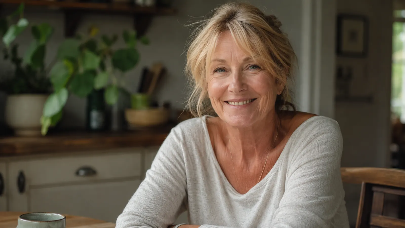 Woman in her early sixties smiling in natural daylight by a kitchen window, skin looking calm and hydrated, no makeup