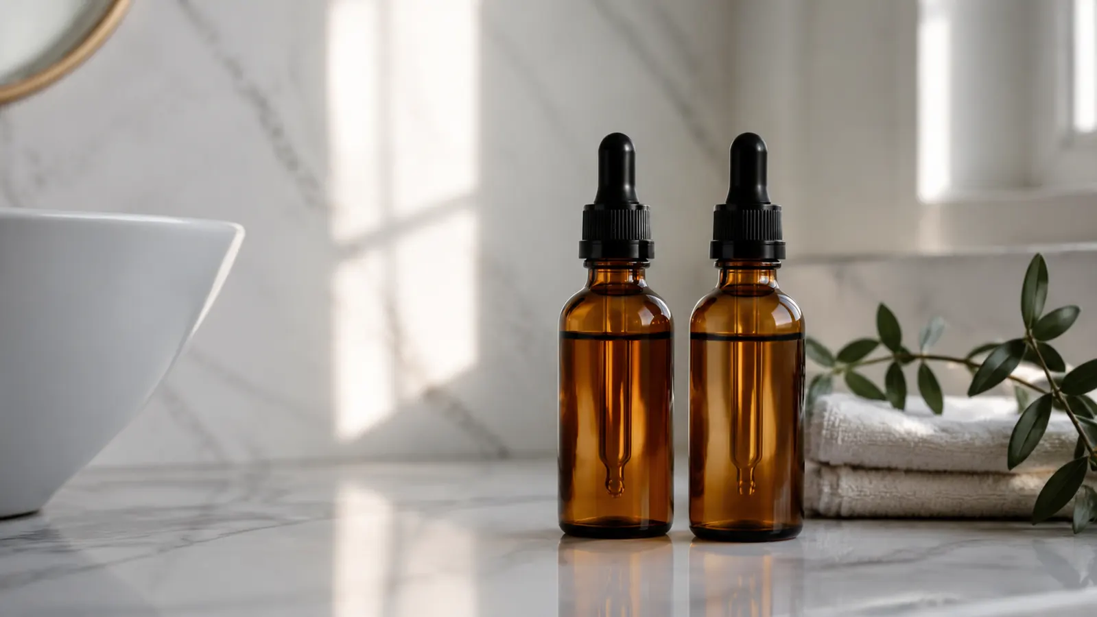 Two glass dropper bottles of facial oil side by side on a bathroom counter