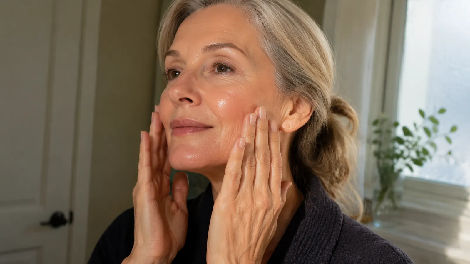 Close-up of a hand pressing facial oil into cheek and jawline for a dewy finish