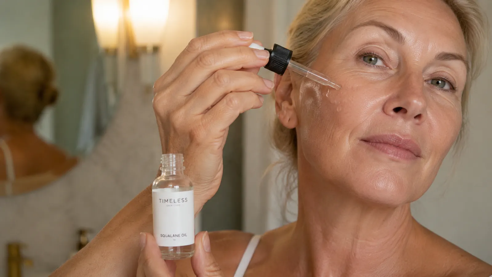 Hand pressing a dropper of squalane facial oil onto cheek in front of a bathroom mirror
